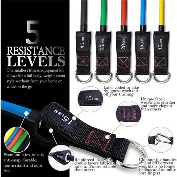 Exercise Resistance Bands with Handles - 5 Fitness Workout Bands Stackable - Picture 6 of 7